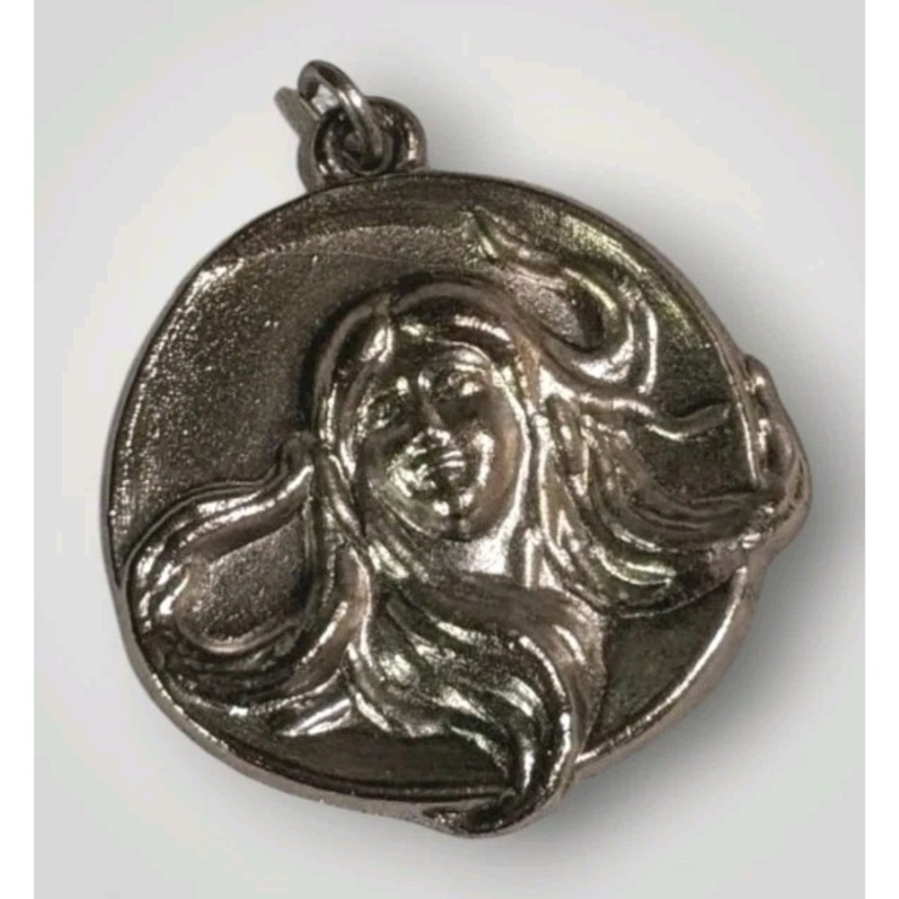Art Nouveau Lady Pendant Silver Tone 3D Head Flowing Hair Woman Face Retro Round